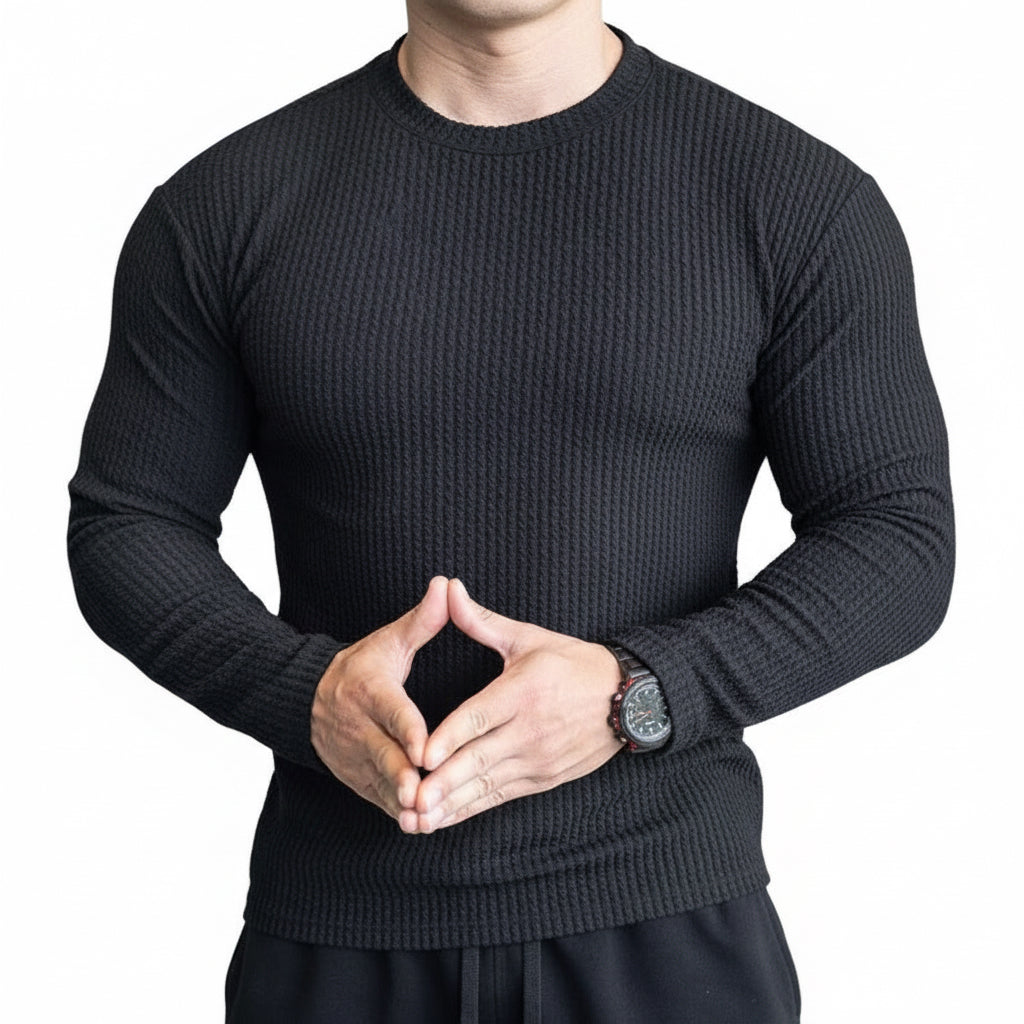 Men's slim fit waffle knit sweatshirt in black with textured pleated detailing