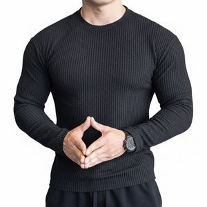 Men's slim fit waffle knit sweatshirt in black with textured pleated detailing