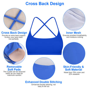 Women's cross back padded sports bra with removable pads in multiple colors