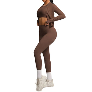 Breathable form-fitting women's workout three-piece activewear set in various colors