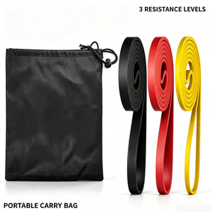 Set of three heavy duty pull up resistance bands in yellow, red, and black with carry bag