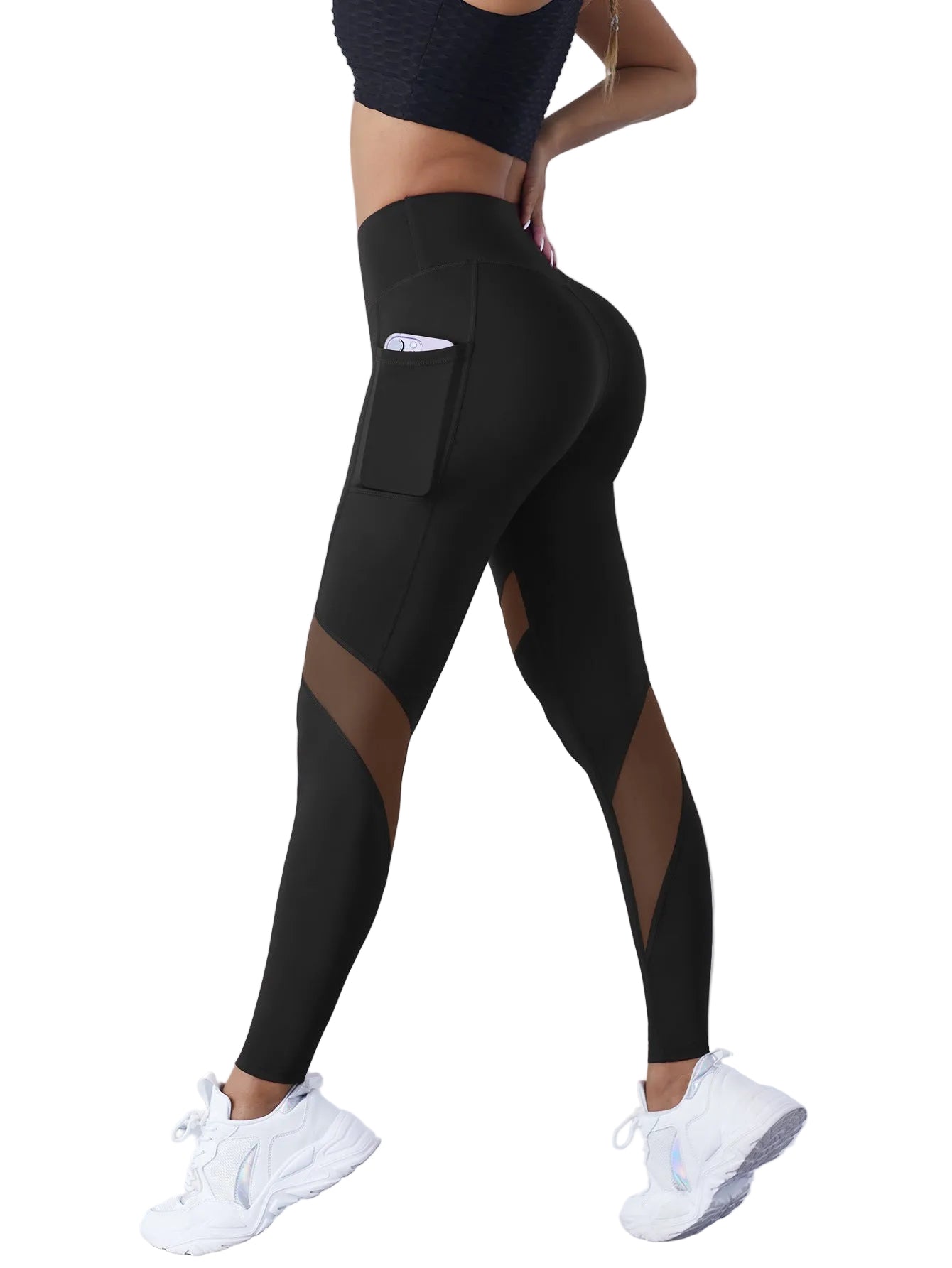 Black mesh stitching yoga cropped sports leggings with peach-hip contouring