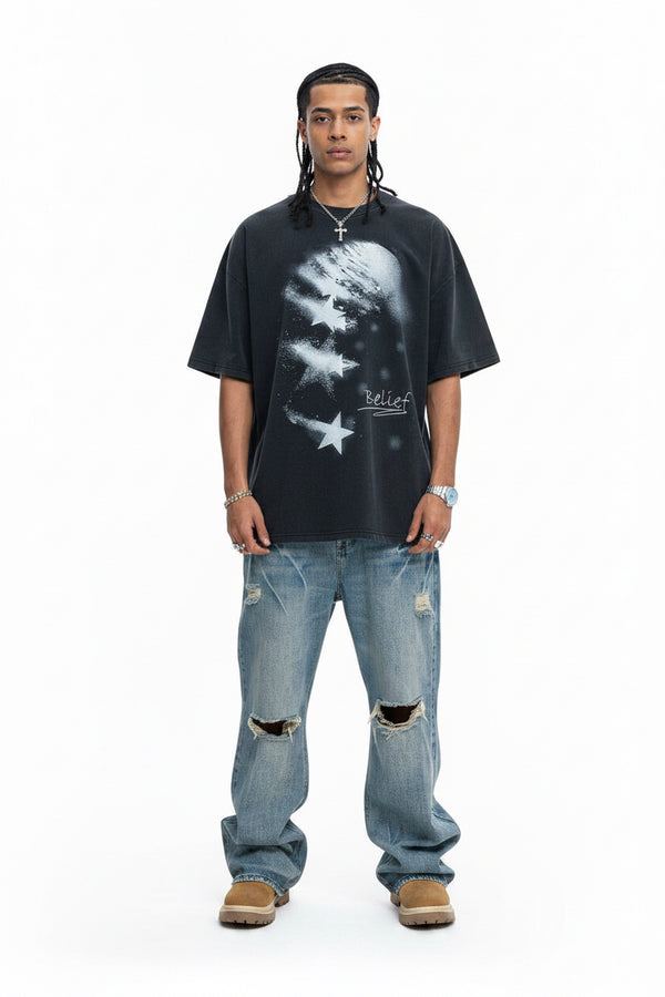 VINTAGE WASHED STAR DISTRESSED PRINT T-SHIRT