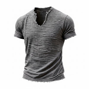 Retro cotton-linen v-neck t-shirt with feathered hem in various colors