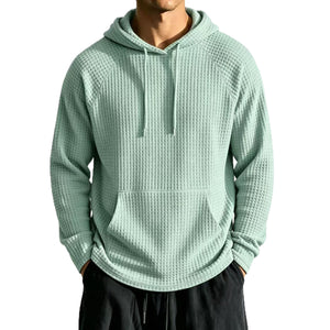Men's relaxed-fit waffle knit hooded jacket in navy blue with raglan sleeves