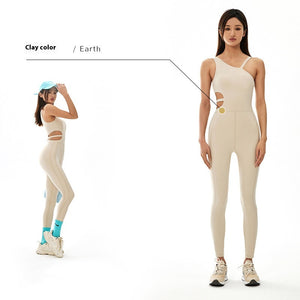 Women's sleeveless breathable one-piece workout jumpsuit in Monet green, truffle, and clay colors