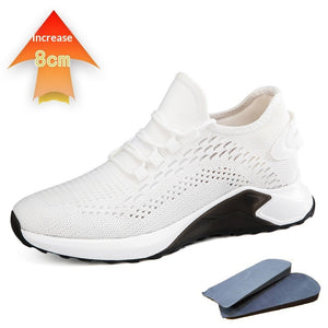 Men's black and white invisible height-increasing casual sports mesh shoes in multiple views