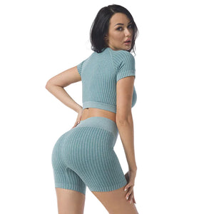 Seamless women's high waist yoga set in blue, dark green, and gray with striped pattern