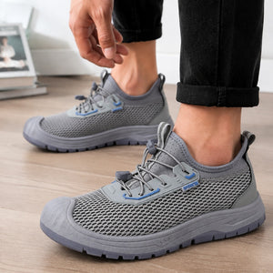 Men's summer mesh breathable slip-on sneakers in black, gray, and khaki