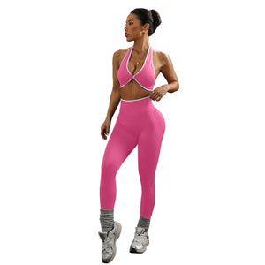 Neck-strap knotted open-back top and yoga pants set for women in multiple colors