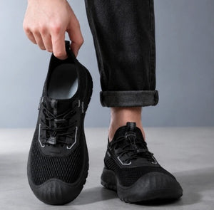 Men's summer mesh breathable slip-on sneakers in black, gray, and khaki