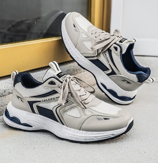 Men's breathable mesh running sneakers with thick rubber sole in beige blue and beige black