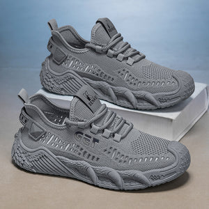 Men's breathable fly knit mesh running sneakers in black, beige, and gray
