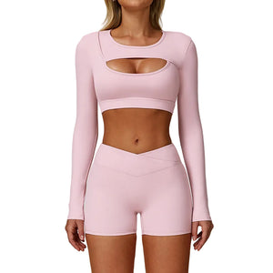 Color-blocked women's yoga set with beautiful back design in various colors
