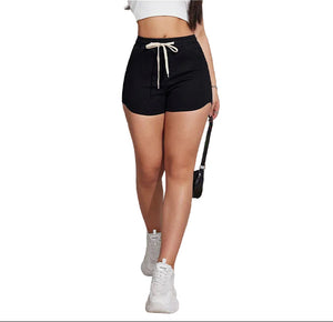 Plus size black A-line drawstring denim shorts for women