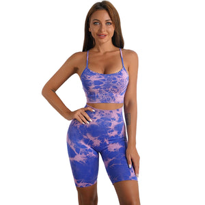 Women's tie-dye print yoga set with high waist shorts or trousers in various colors