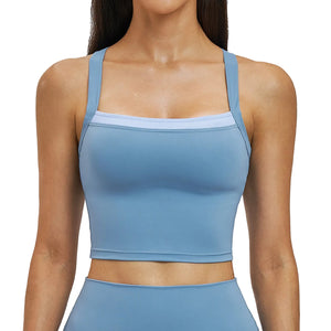 Fake two-piece contrast color crossed back sport bra in multiple colors