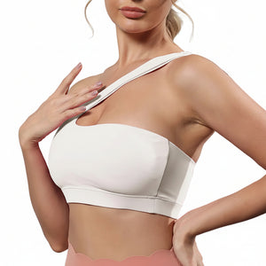 One-shoulder bare-feel sports bra in various colors with medium cup and halter neck straps