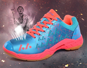Men's badminton training shoes in blue, sky blue pink, red, and green with mesh upper and rubber sole