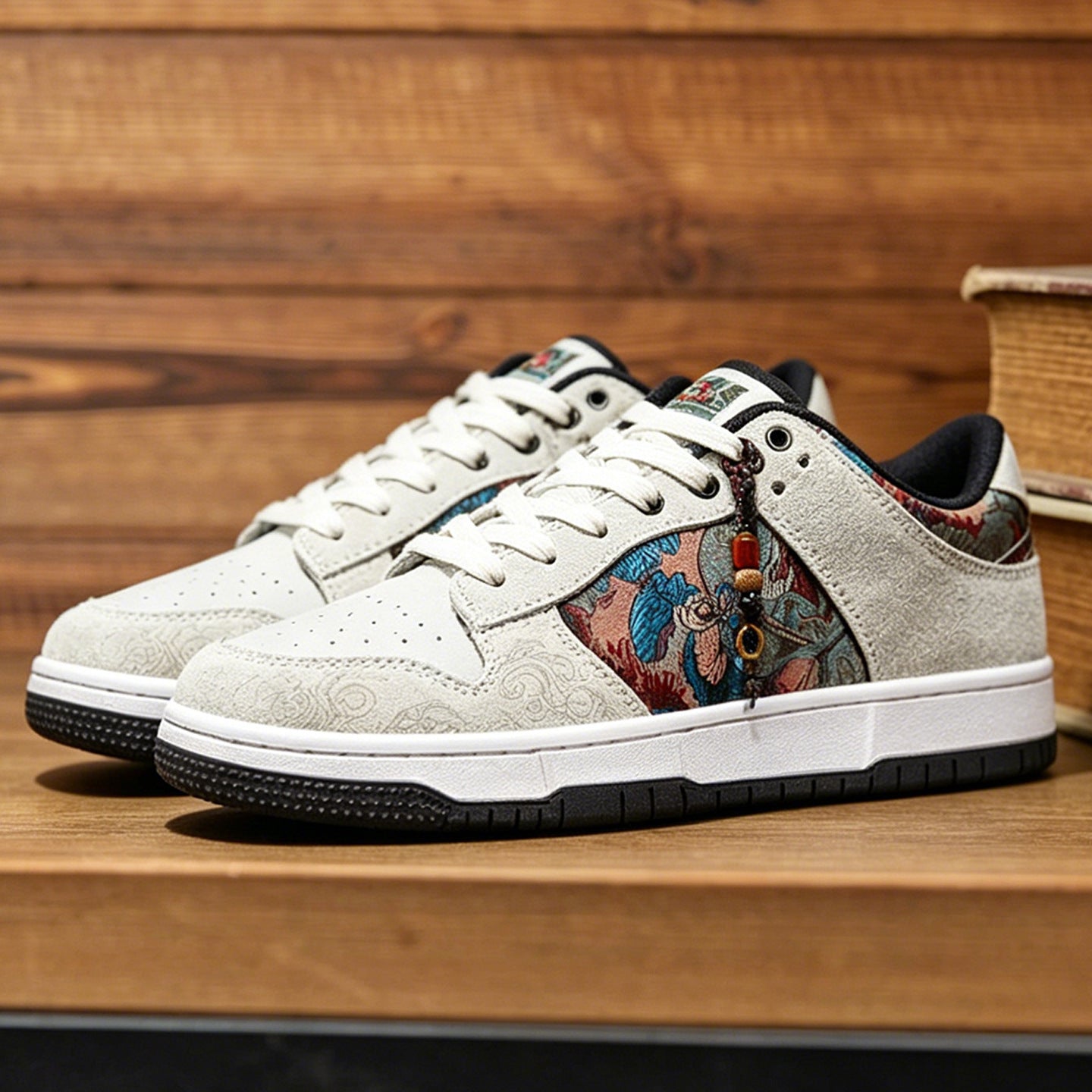 Men's low-top painted and embroidered sneakers with split leather and mesh lining