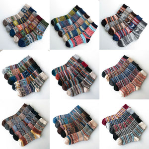 Vintage ethnic-style men's wool winter socks in assorted color block patterns