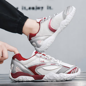 Men's breathable mesh low-top casual sneakers in white black and white red