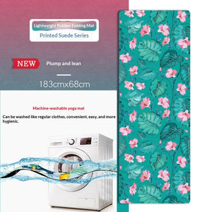Portable foldable yoga mat with botanical and floral designs in soft suede