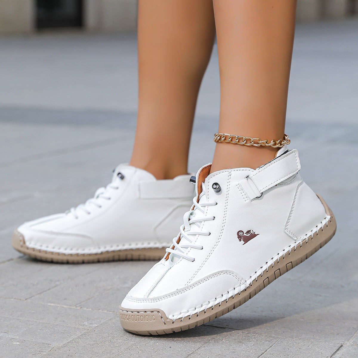 Women's casual flat Martin boots in various colors with belt decoration and round toe