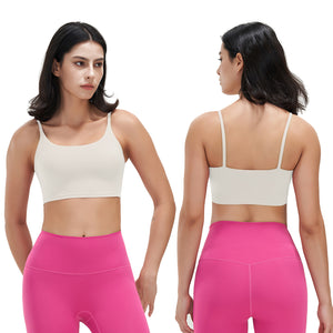 Women's strappy padded sport bra with square neckline and removable pads