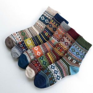 Vintage ethnic-style men's wool winter socks in assorted color block patterns