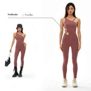 Women's sleeveless breathable one-piece workout jumpsuit in Monet green, truffle, and clay colors