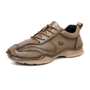Men's casual flat leather slip-on shoes in multiple colors with stitched rubber outsole