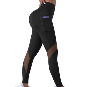 Black mesh stitching yoga cropped sports leggings with peach-hip contouring
