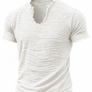 Retro cotton-linen v-neck t-shirt with feathered hem in various colors