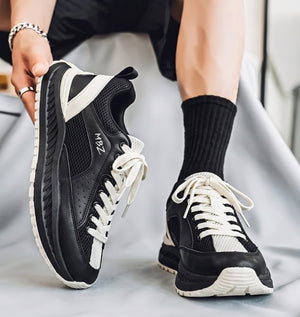 Men's breathable mesh low-top sneakers with thick sole in black and white gray