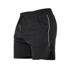 Men's sports fitness casual shorts in black, gray, navy blue, and red polyester fabric