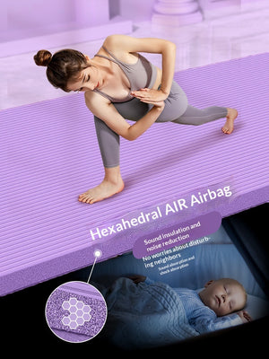Non-slip shock-absorbing yoga mat in purple, pink, and black with free strap