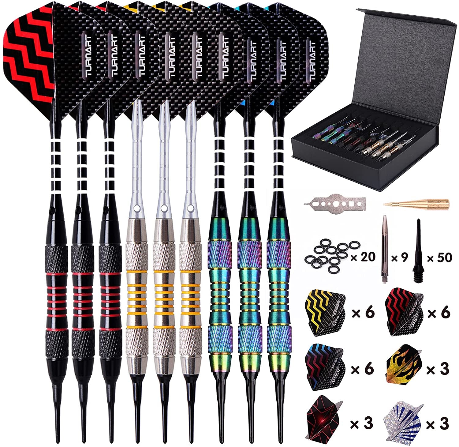 Professional Soft Tip Darts Set for Electronic Dartboards - 9 Pieces, 18 Grams with 50 Extra Tips, 9 Shafts, 27 Flights, Tool Kit, Flight Protectors, and Gift Case