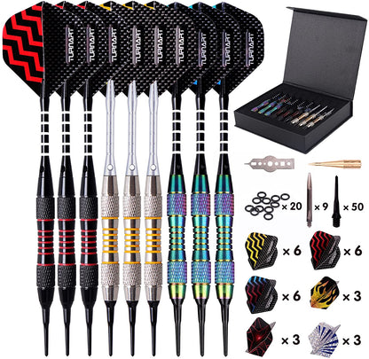 Professional Soft Tip Darts Set for Electronic Dartboards - 9 Pieces, 18 Grams with 50 Extra Tips, 9 Shafts, 27 Flights, Tool Kit, Flight Protectors, and Gift Case