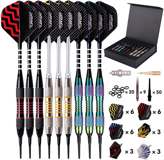 Professional Soft Tip Darts Set for Electronic Dartboards - 9 Pieces, 18 Grams with 50 Extra Tips, 9 Shafts, 27 Flights, Tool Kit, Flight Protectors, and Gift Case