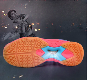 Men's badminton training shoes in blue, sky blue pink, red, and green with mesh upper and rubber sole