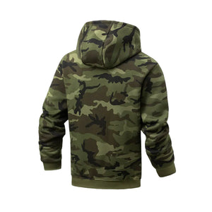 Men's thicker casual camo hoodie in gray, green, and blue colors