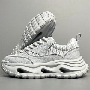 Men's hollow out platform sneakers in white, gray, and black with breathable mesh upper