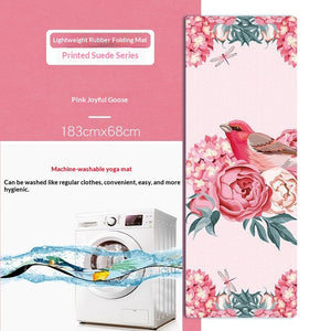 Portable foldable yoga mat with botanical and floral designs in soft suede