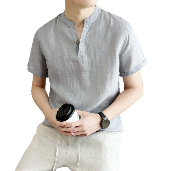 MEN'S V-NECK LOOSE FIT BREATHABLE SHORT SLEEVE LINEN SHIRT