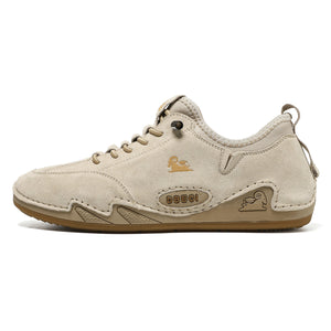 Men's breathable low-top casual shoes in gray and sand colors with pigskin upper and rubber sole