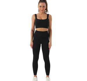 Seamless yoga set with high waist leggings and matching bra in various colors