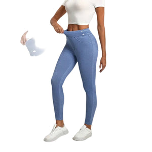 High waist slimming sports pants with double pockets in light blue, dark blue, and black colors