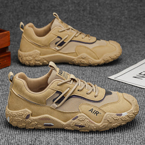 Men's breathable mesh dad sneakers with thick rubber sole in gray, khaki, and black