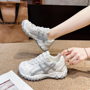 Women's breathable mesh casual sports shoes in beige and grey colors